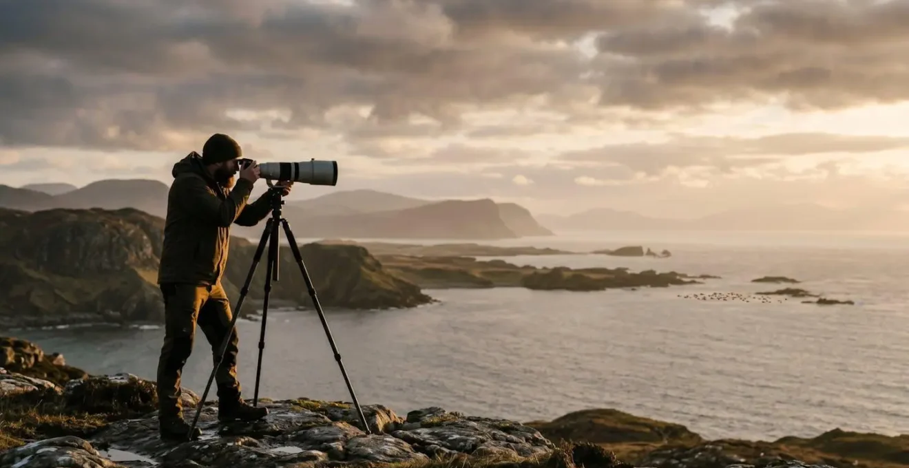 Wildlife photographer using long telephoto lens from respectful distance on Scottish clifftop