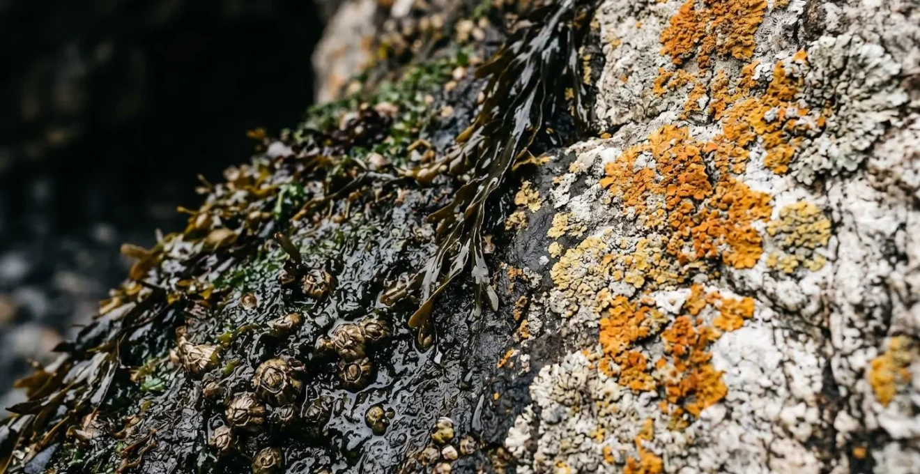 Close-up of wet and dry zones on Scottish coastal rock showing tidal indicators