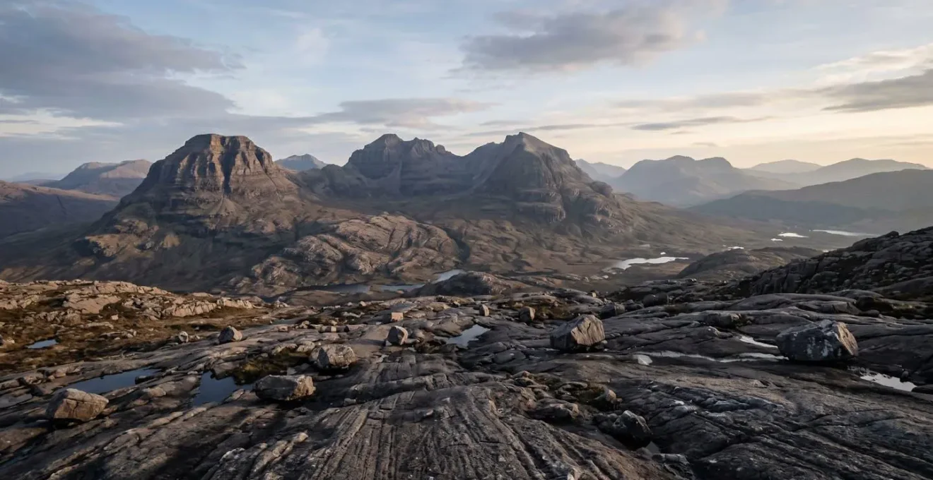 Torridon's isolated sandstone peaks rising from glacially scoured landscape in wide panoramic view