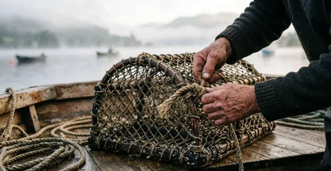 Traditional creel fishing boat working in Scottish coastal waters at dawn