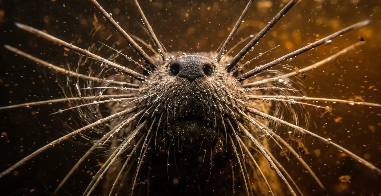 Extreme close-up of otter's sensitive whiskers underwater detecting vibrations