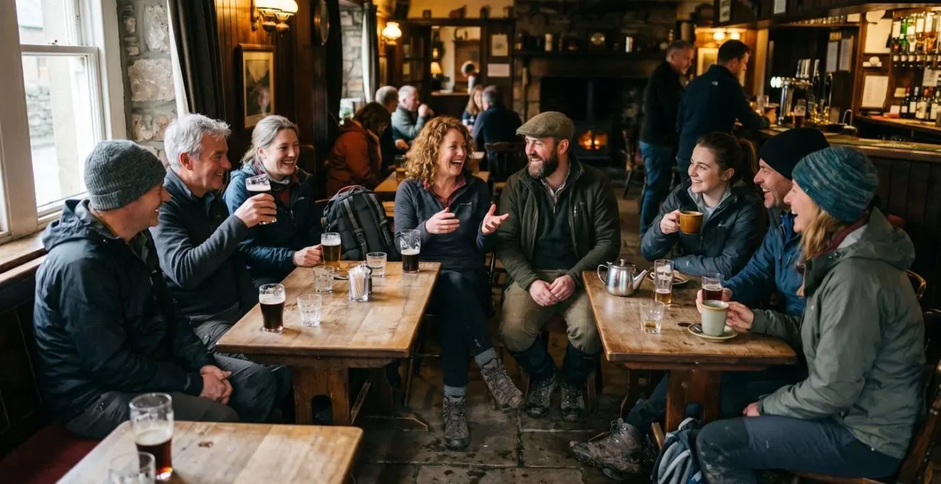 Cozy Scottish pub interior with hikers socializing after a day walk