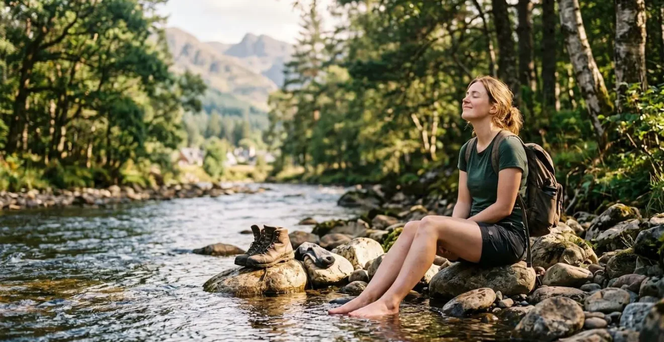 Hiker relaxing by River Fillan in Tyndrum with boots off and feet in stream