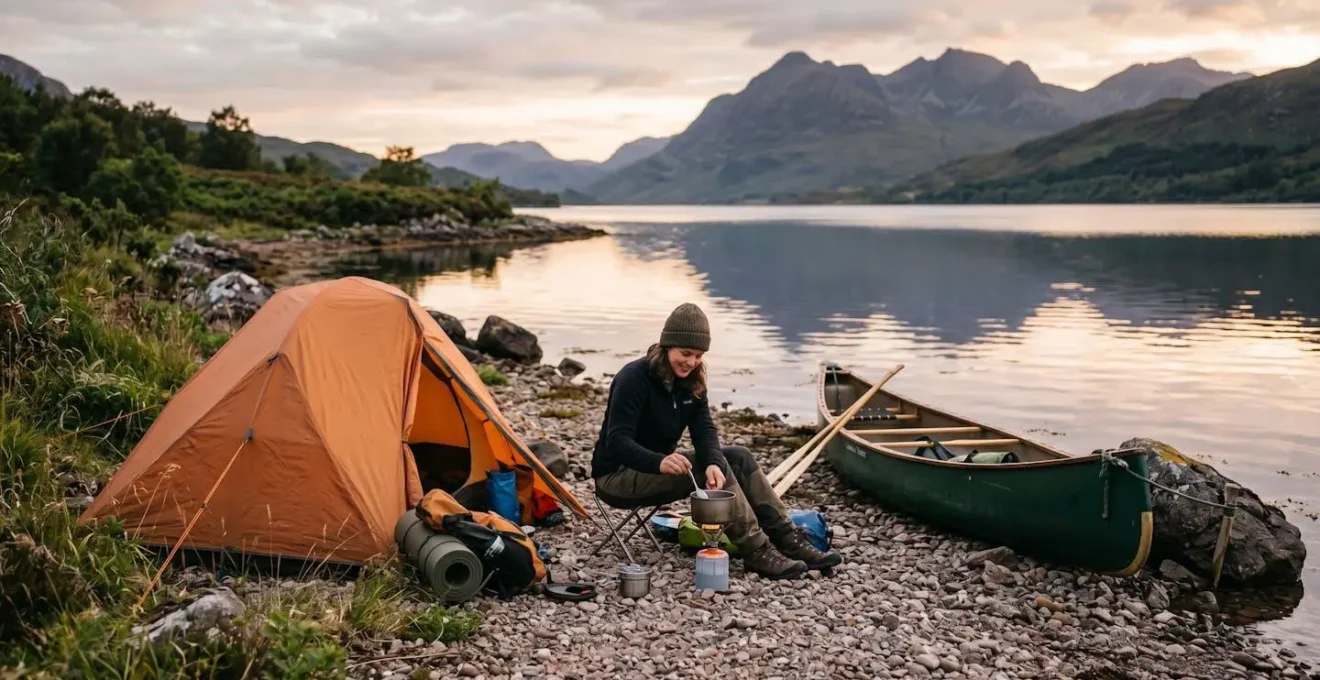 Secluded pebble beach campsite with canoe pulled ashore beside Highland loch at golden hour