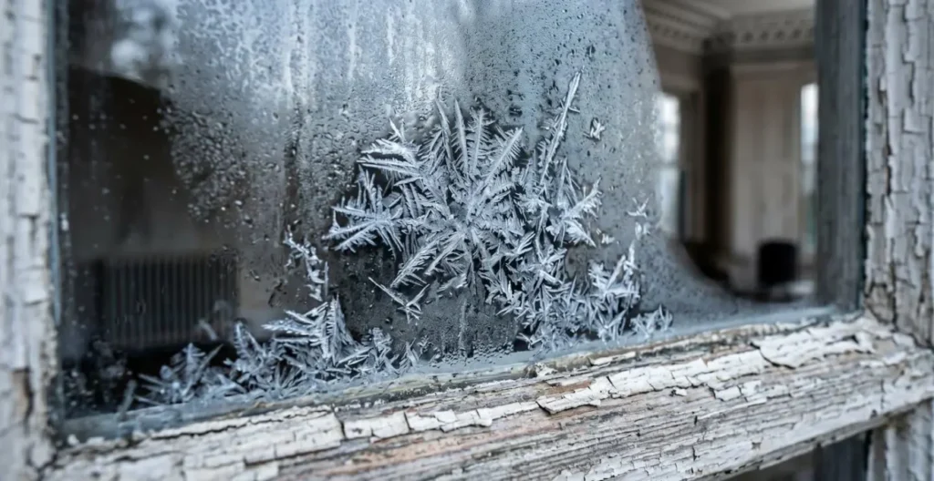 Top floor tenement room with tall sash windows and visible frost patterns Top floor tenement room with tall sash windows and visible frost patterns